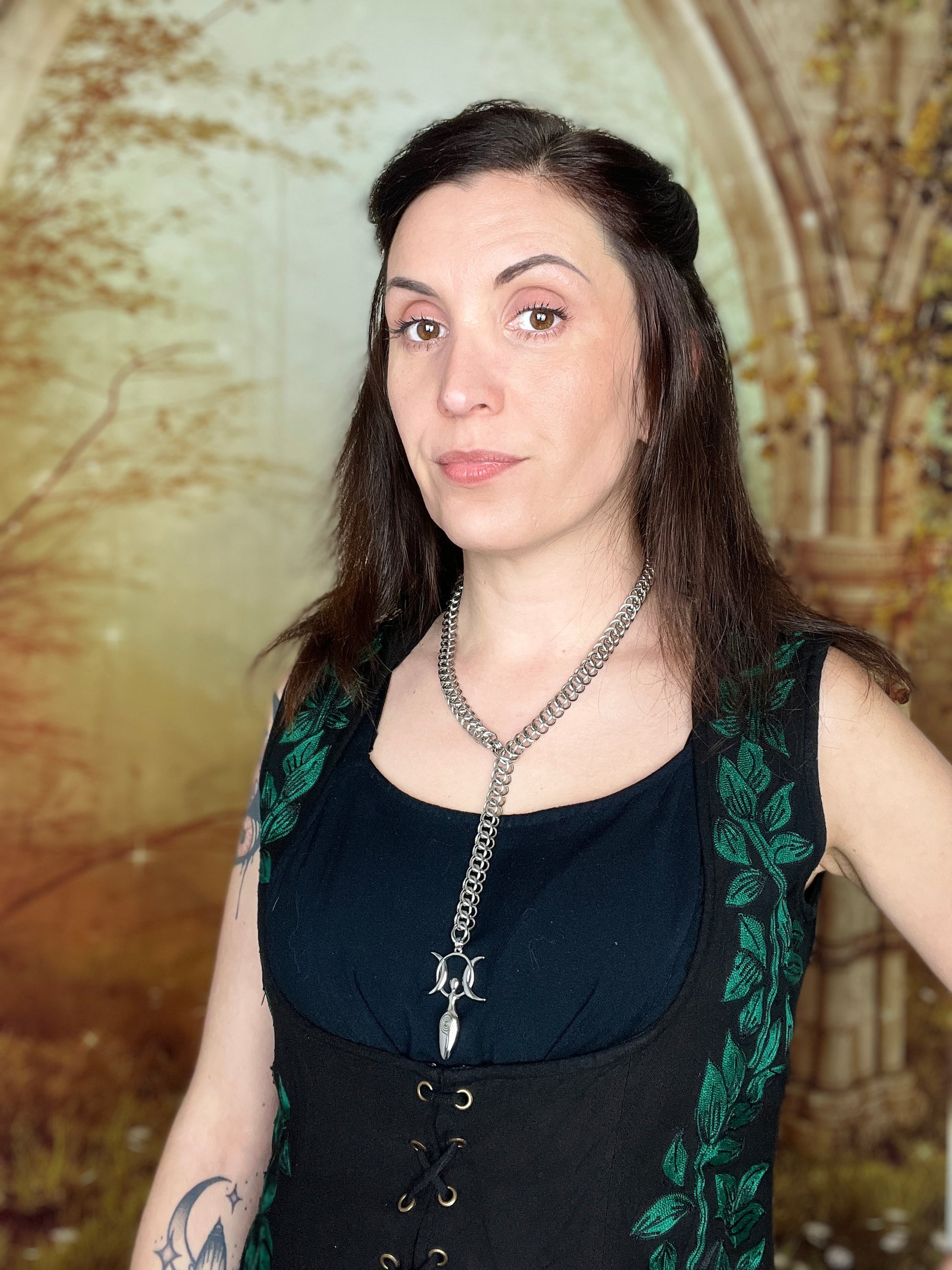 Triple goddess chainmail lariat necklace, half Persian Baguette Magick