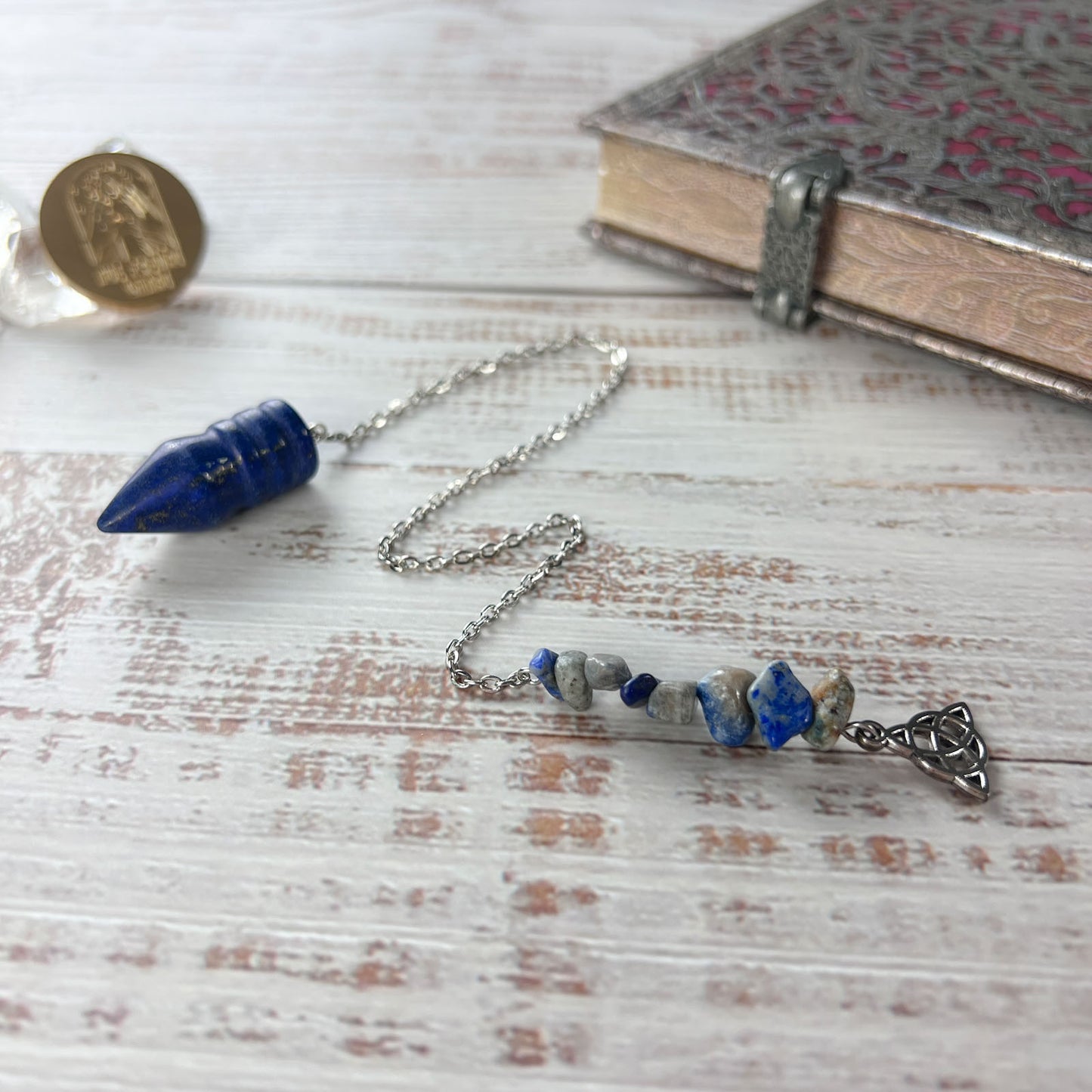 Lapis lazuli and Celtic knot triquetra charm pendulum Baguette Magick