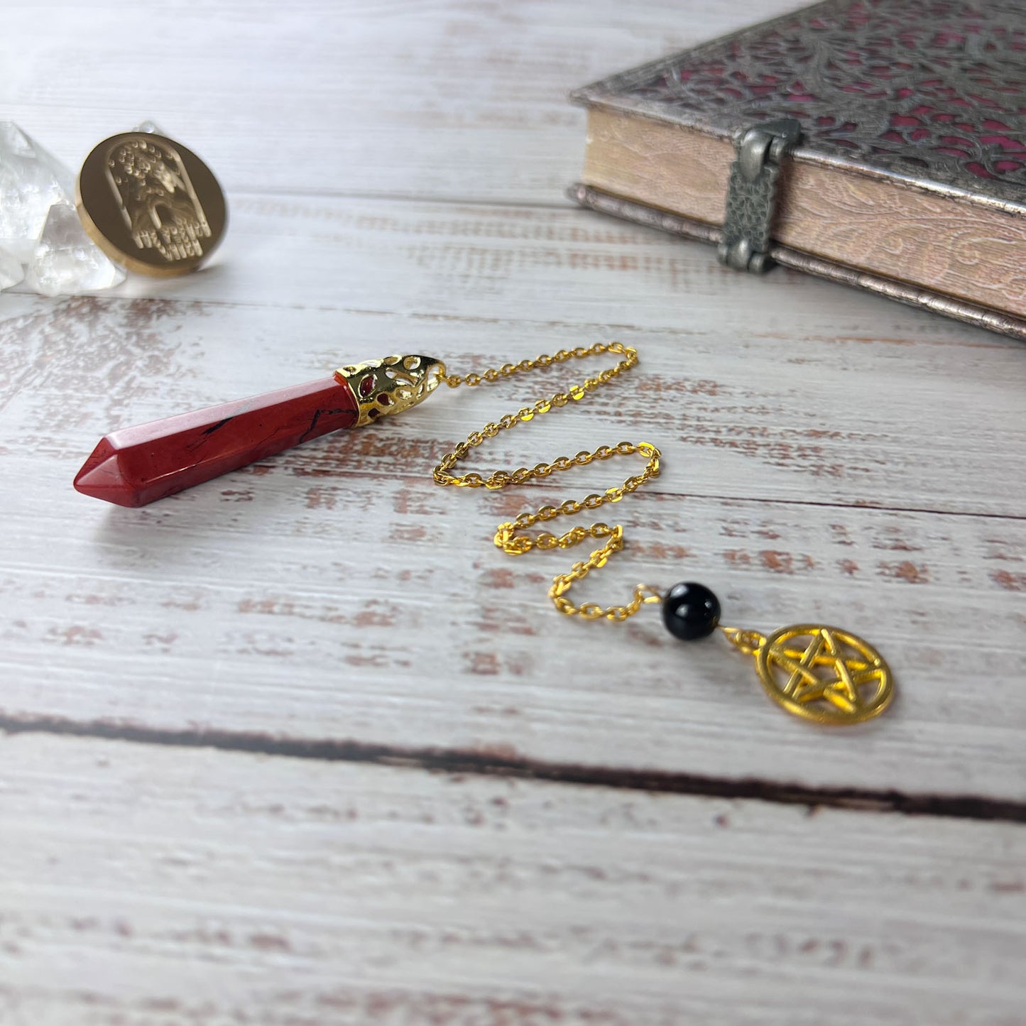 Golden Red jasper and obsidian pentacle pendulum