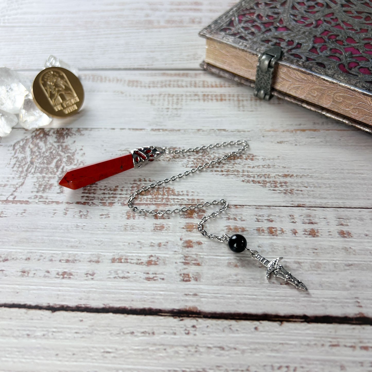 Red jasper and obsidian dagger pendulum Baguette Magick