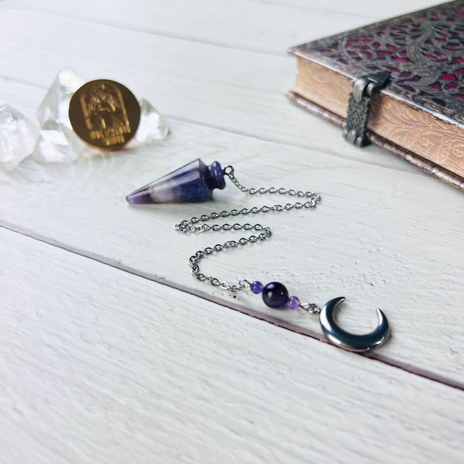 Amethyst and stainless steel Moon crescent pendulum Baguette Magick
