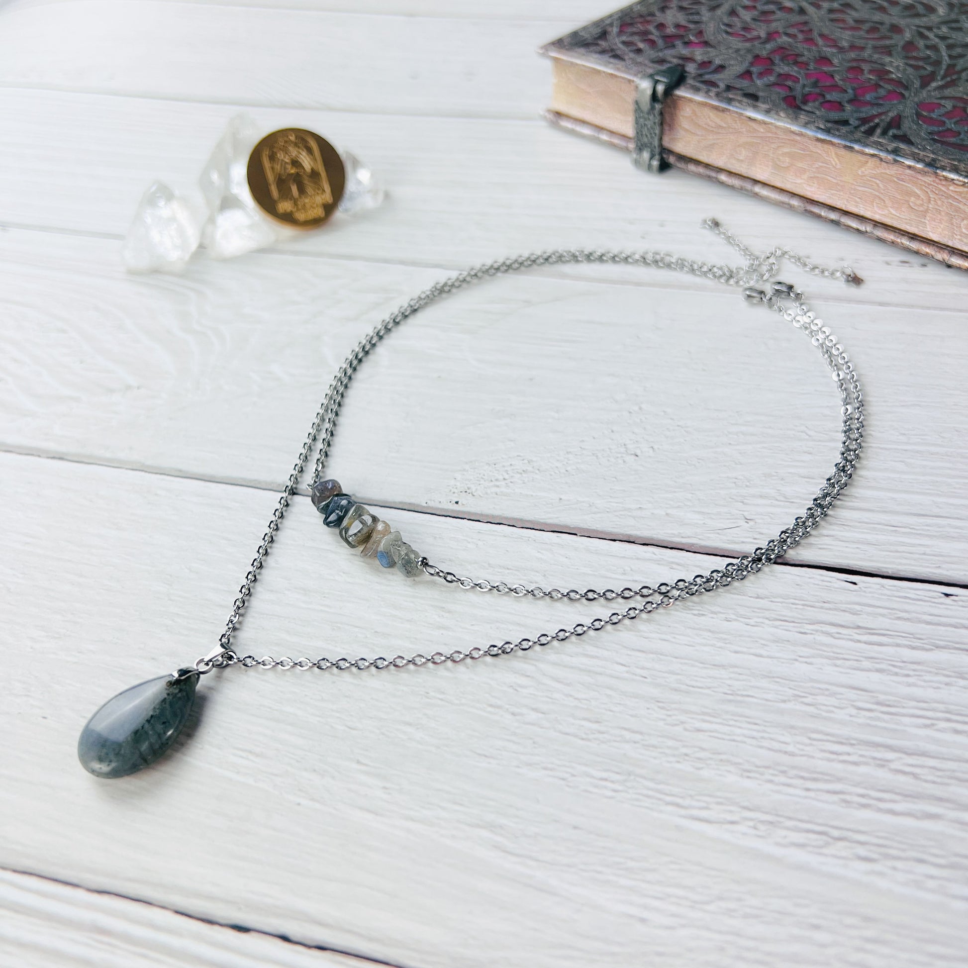 Labradorite necklaces set for layering stainless steel dainty gemstone jewelry