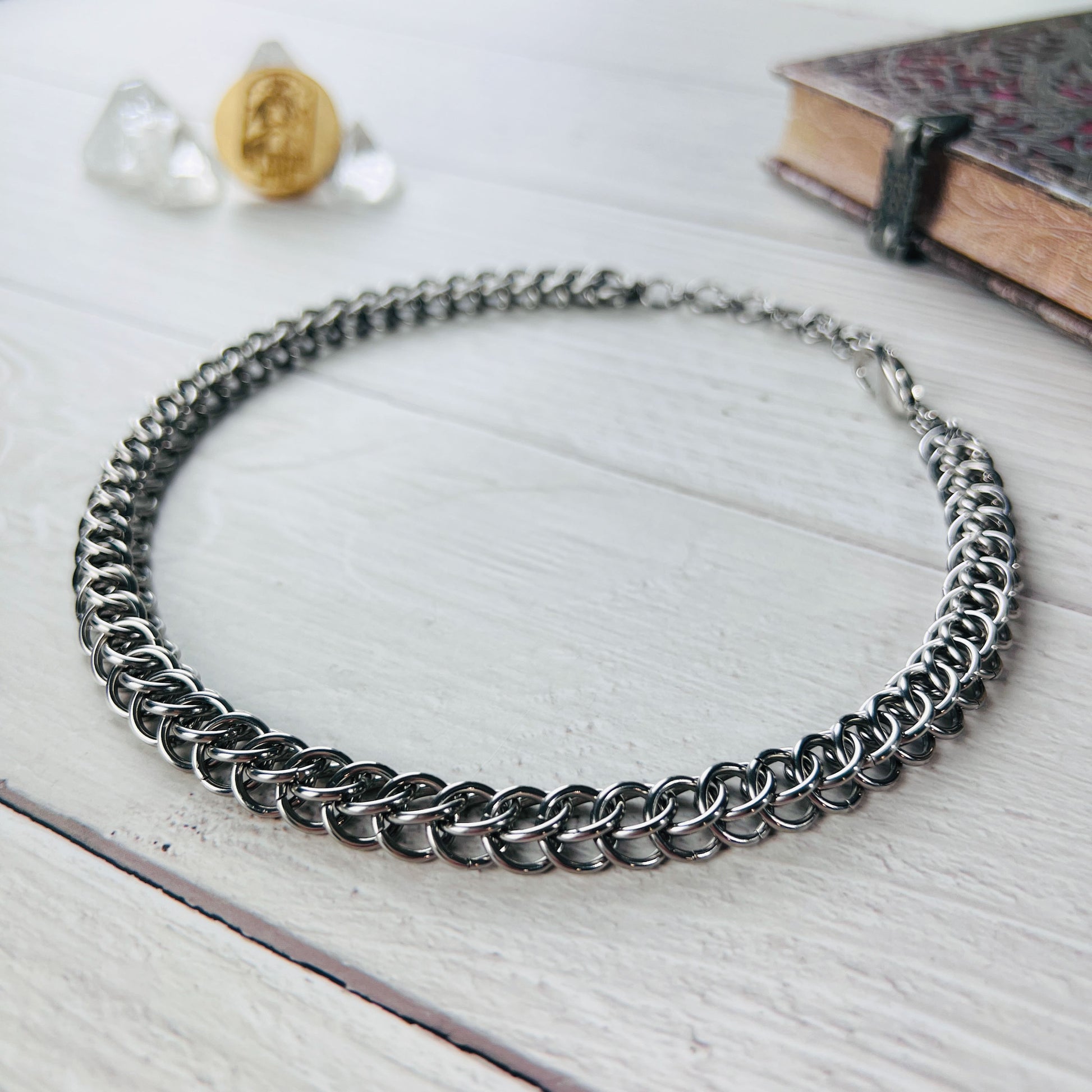 half Persian chainmail choker gothic witchy medieval fantasy punk dark necklace stainless steel handmade in France
