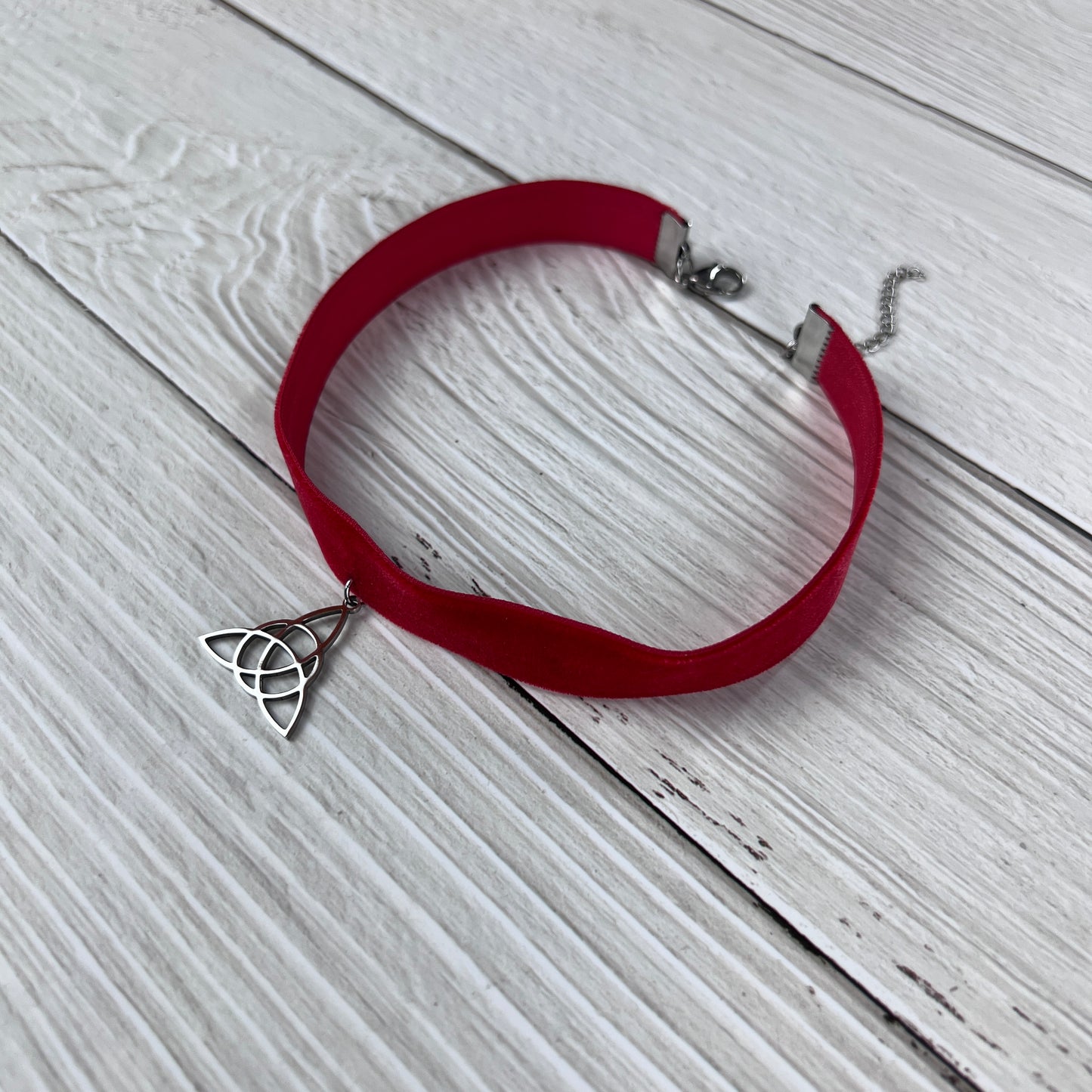 red velvet victorian gothic choker necklace for pagan witch triquetra celtic knot occult pendant