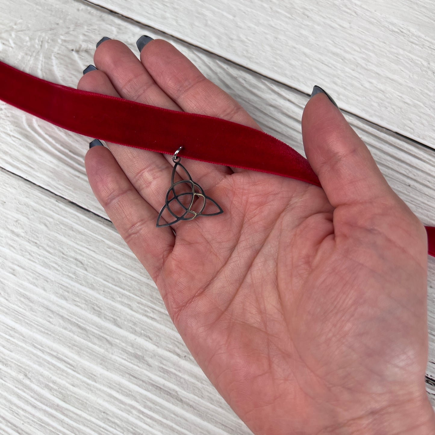 red velvet victorian gothic choker necklace for pagan witch triquetra celtic knot occult pendant
