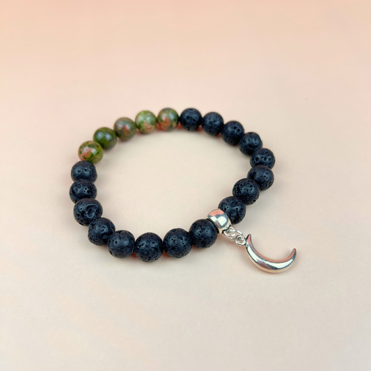 Unakite and lava mala beaded bracelet with a crescent Moon charm Baguette Magick