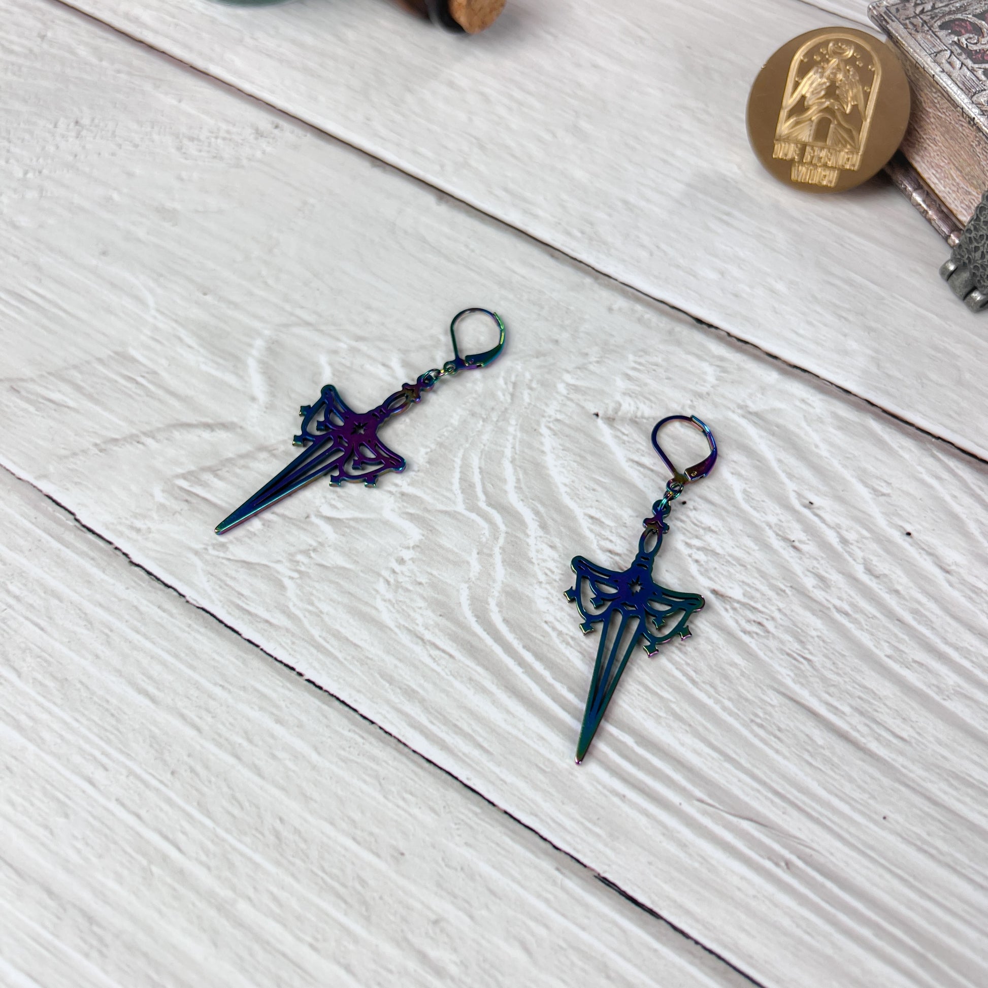 rainbow stainless steel titanium dagger sword earrings pagan witchcraft athame gothic gift for her