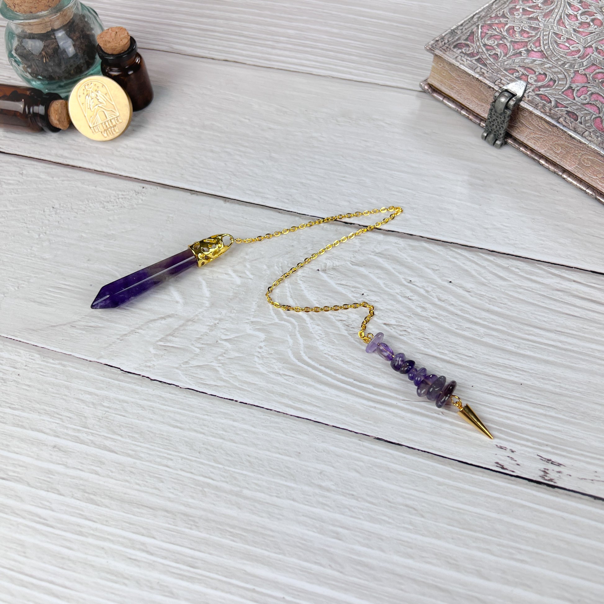 gold amethyst dowing pendulum gemstone divination tool for witchcraft energy session reiki pagan wiccan witch