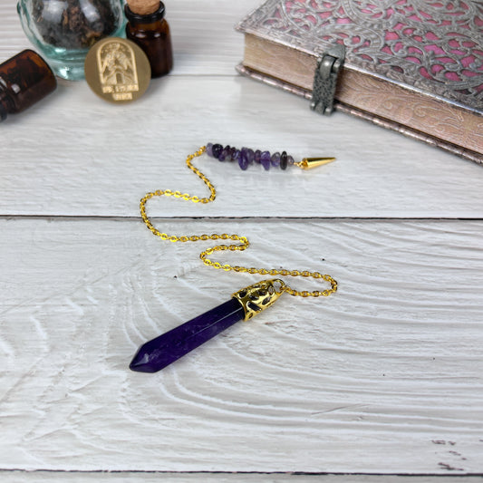 gold amethyst dowing pendulum gemstone divination tool for witchcraft energy session reiki pagan wiccan witch