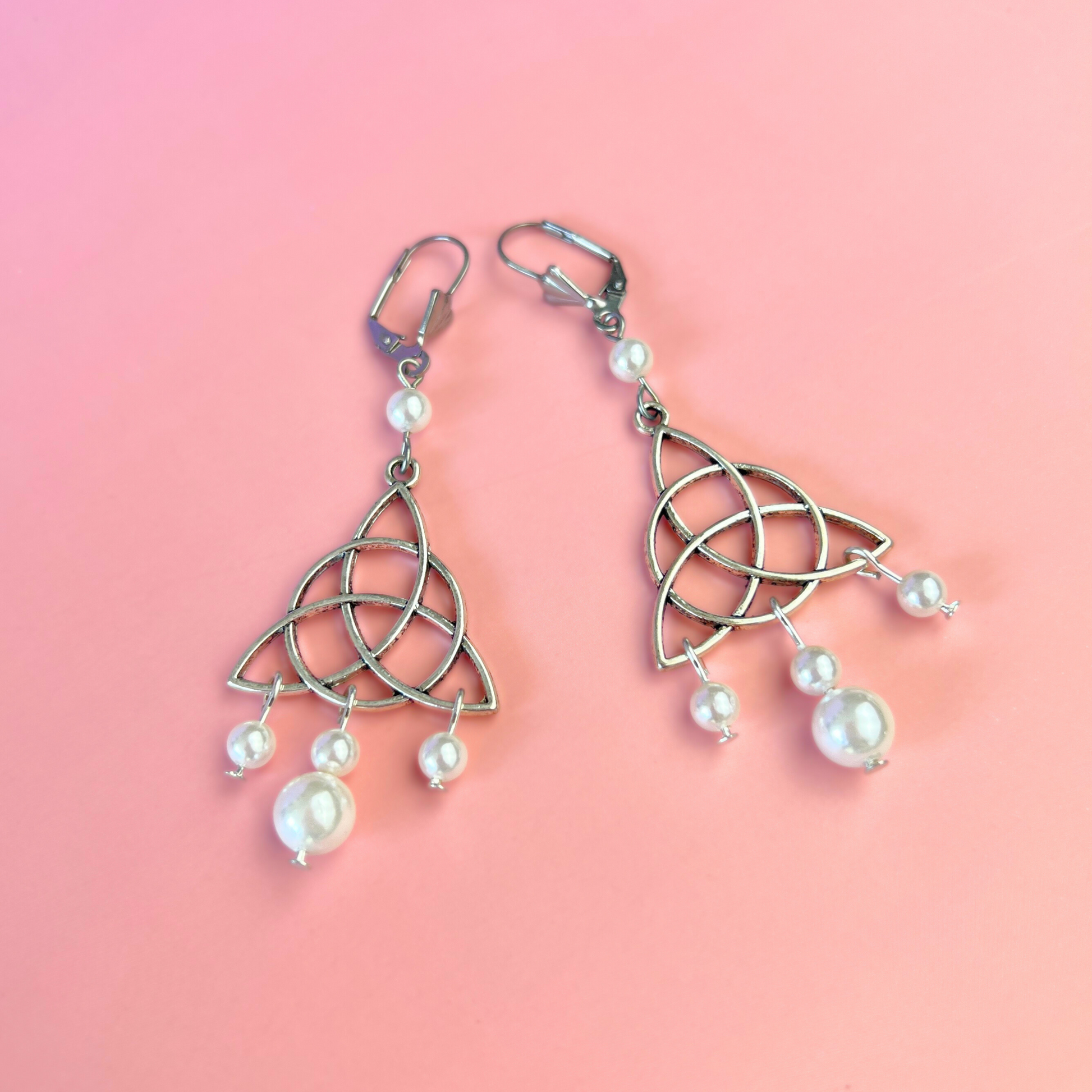 Victorian Edwardian triquetra and pearls teardrop earrings Baguette Magick