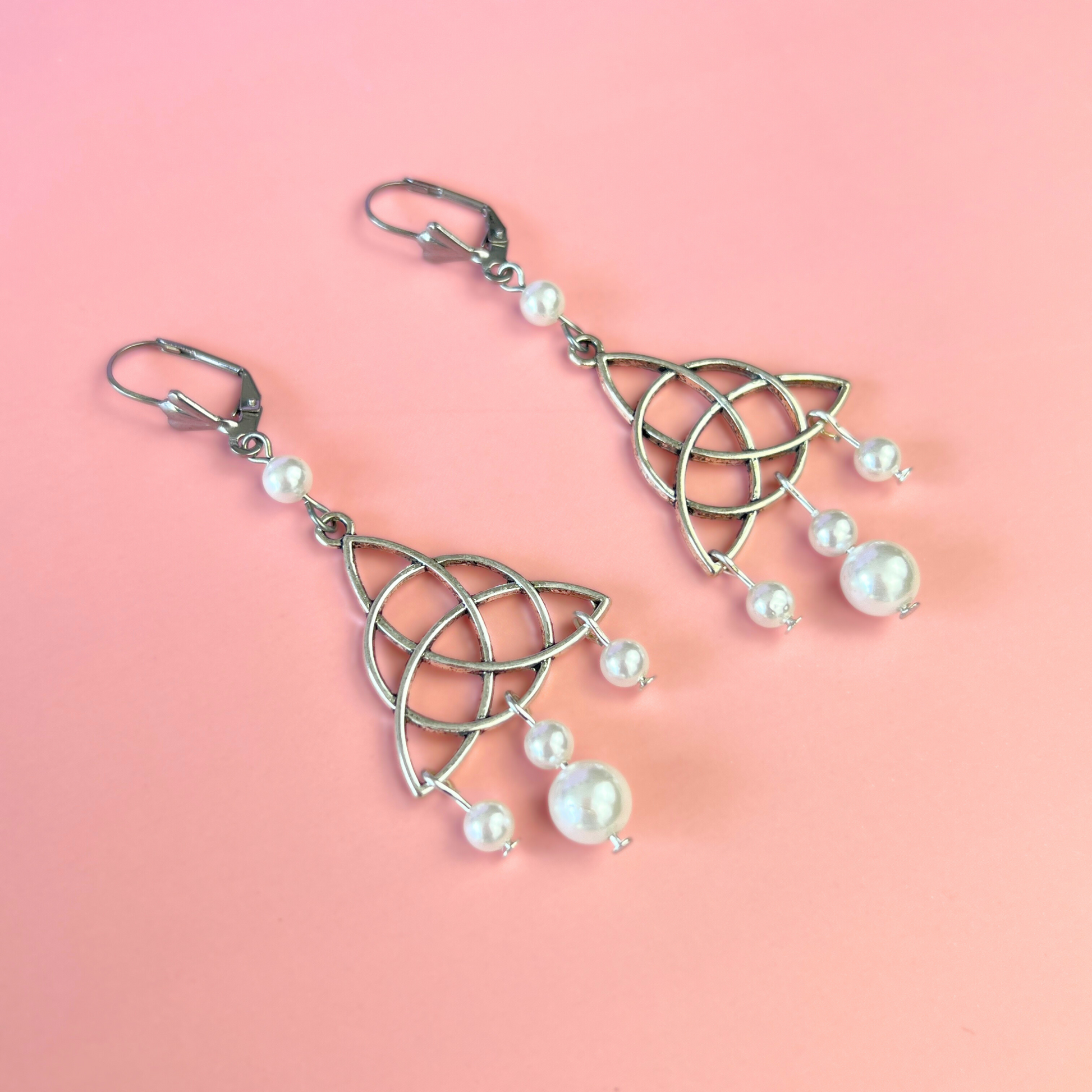 Victorian Edwardian triquetra and pearls teardrop earrings Baguette Magick