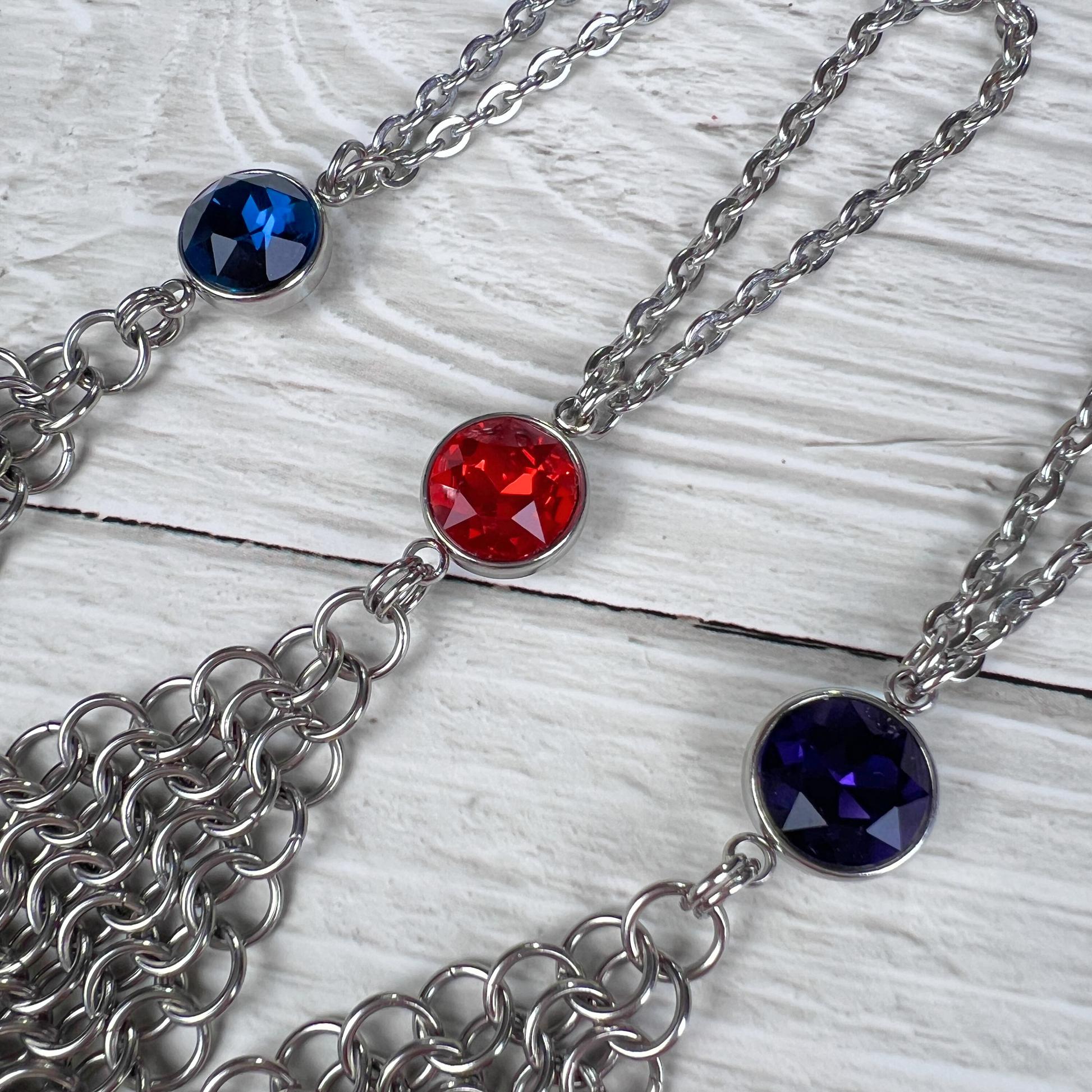 Chainmail and rhinestone ring bracelet hand chain, red, blue or purple Baguette Magick