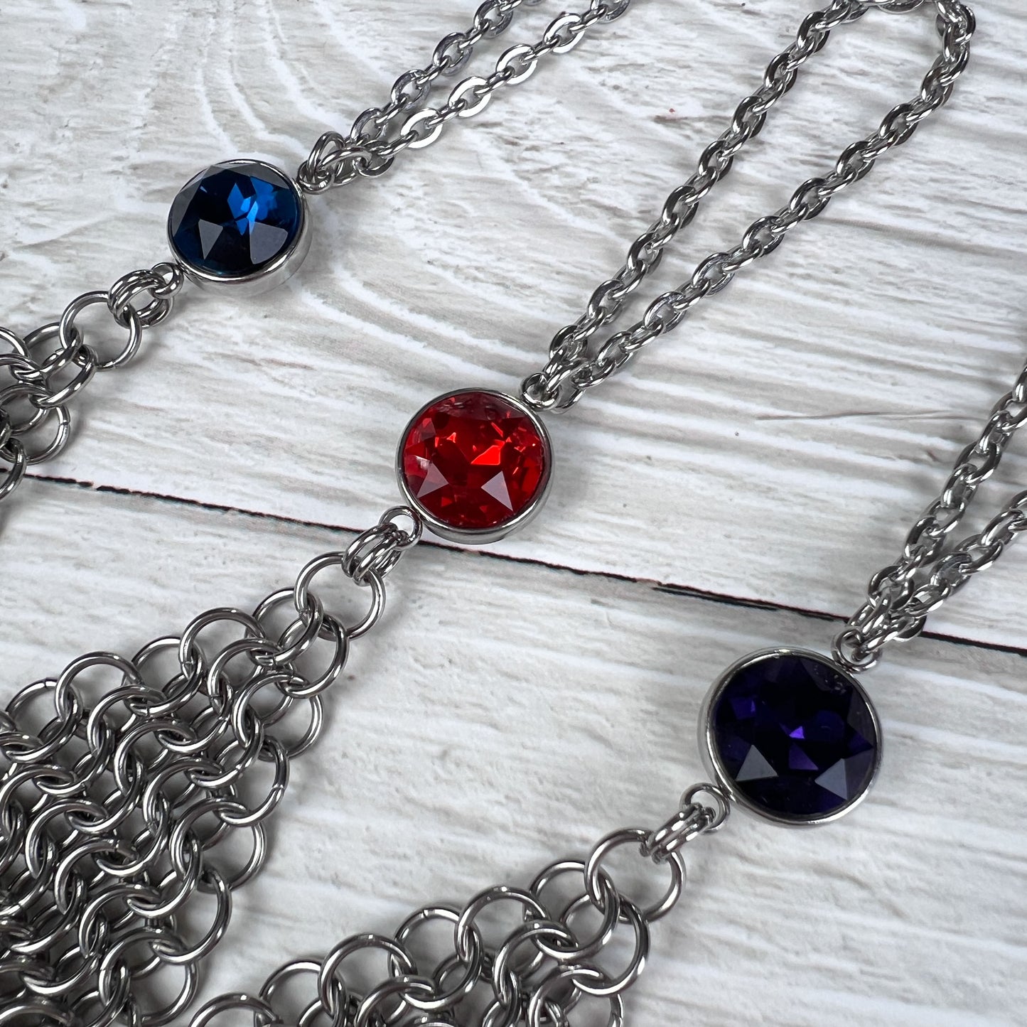 Chainmail and rhinestone ring bracelet hand chain, stainless steel, red, blue or purple Baguette Magick