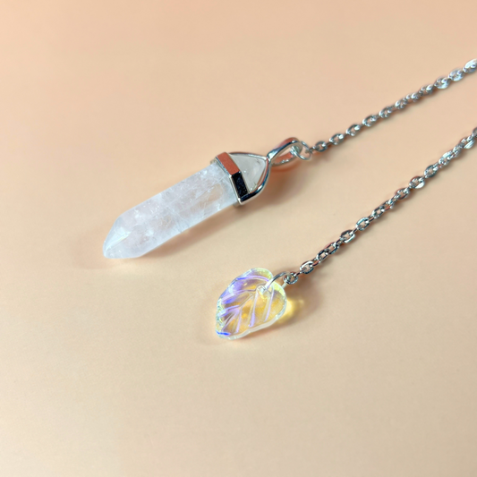 Clear quartz and leaf dowsing divination pendulum