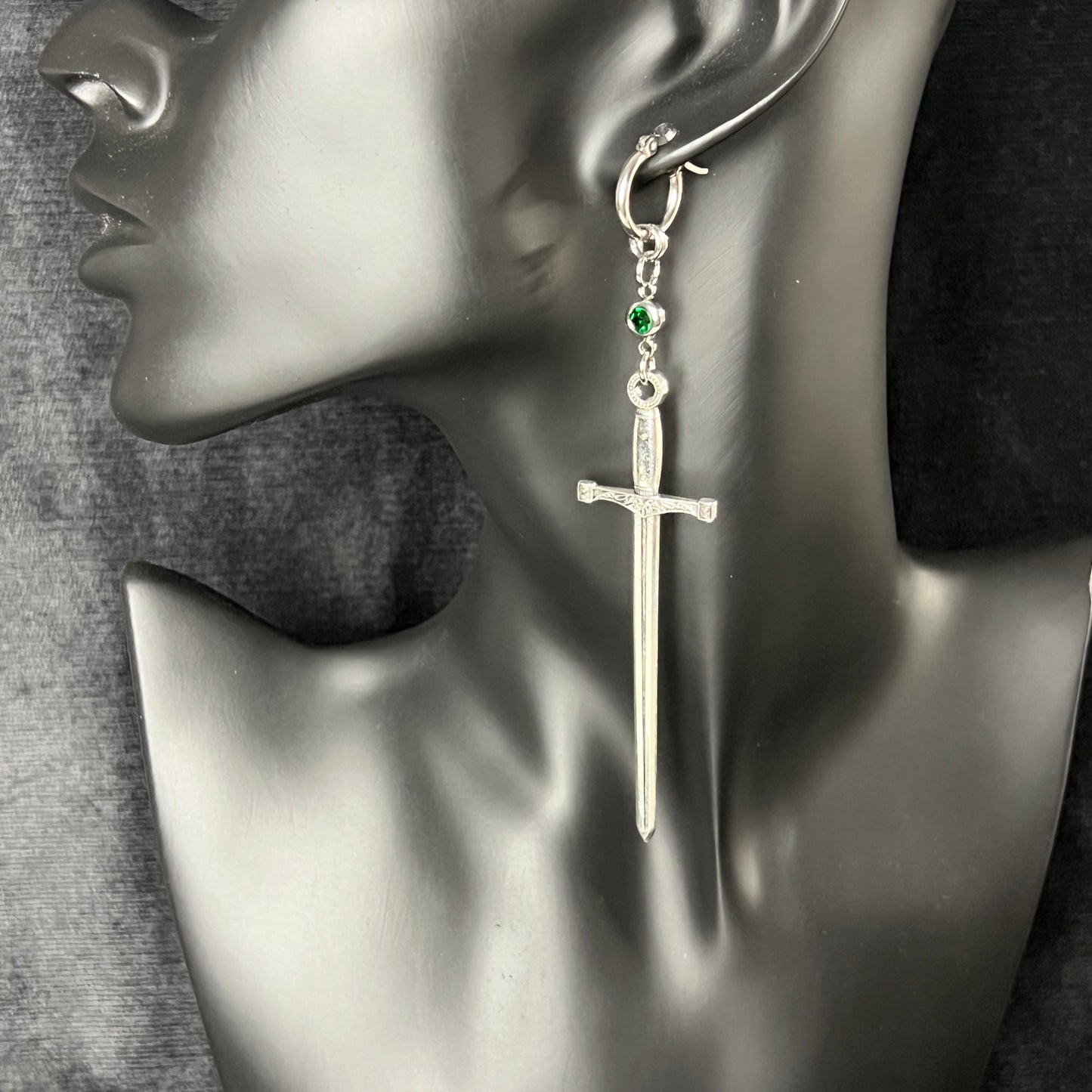 Excalibur hoop earrings, swords and green rhinestones Baguette Magick
