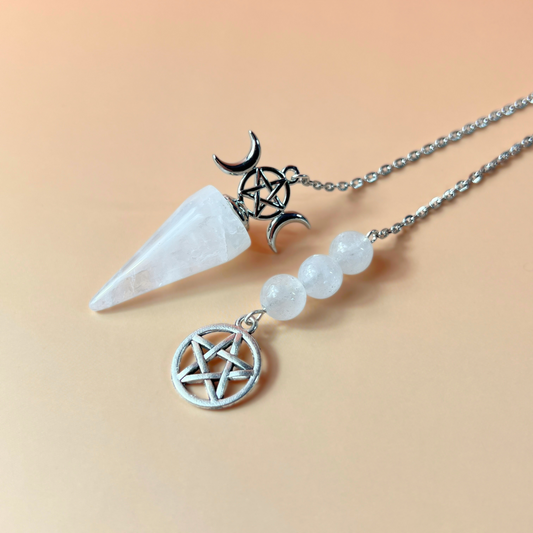 Triple Moon and Pentacle dowsing pendulum clear quartz or amethyst Baguette Magick