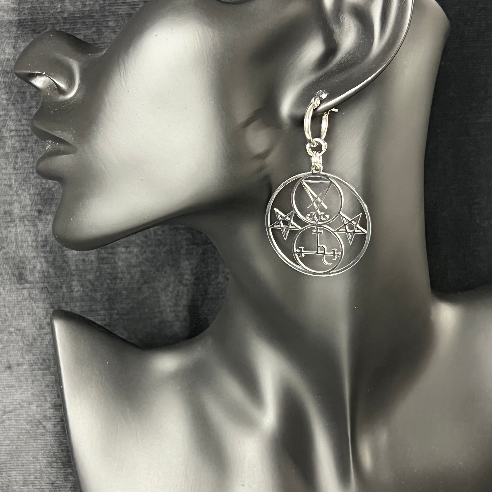 Luciferian earrings, Lilith and Lucifer sigils, inverted pentacle, made of stainless steel Baguette Magick