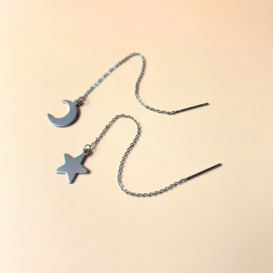 Crescent moon and star threader earrings Baguette Magick