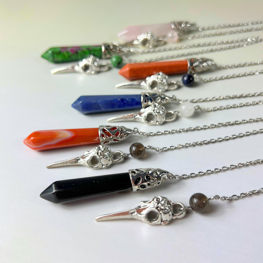 Bird skull dowsing pendulum, multiple gemstones