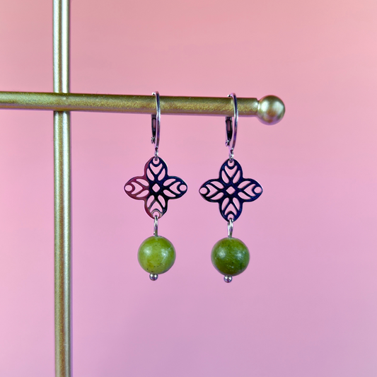 Art deco green jade earrings, floral mandala