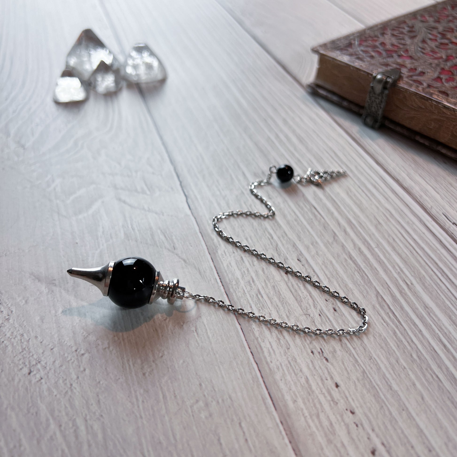 Black agate, obsidian and caduceus Sephoroton dowsing pendulum Baguette Magick
