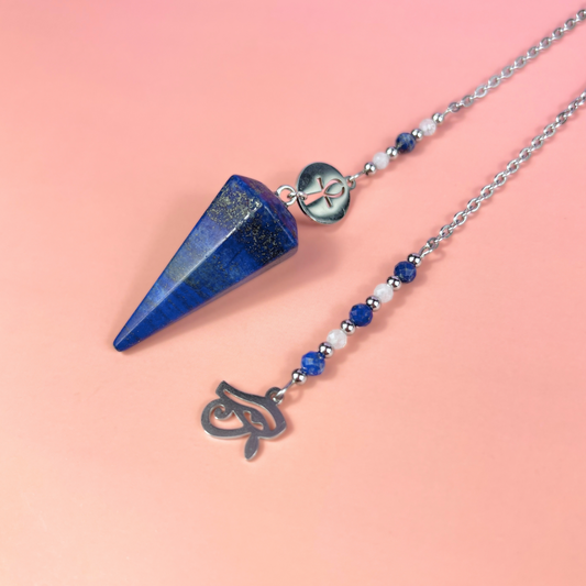 Pendule de radiesthésie avec lapis-lazuli, pierre de lune, œil d'Horus et Ankh