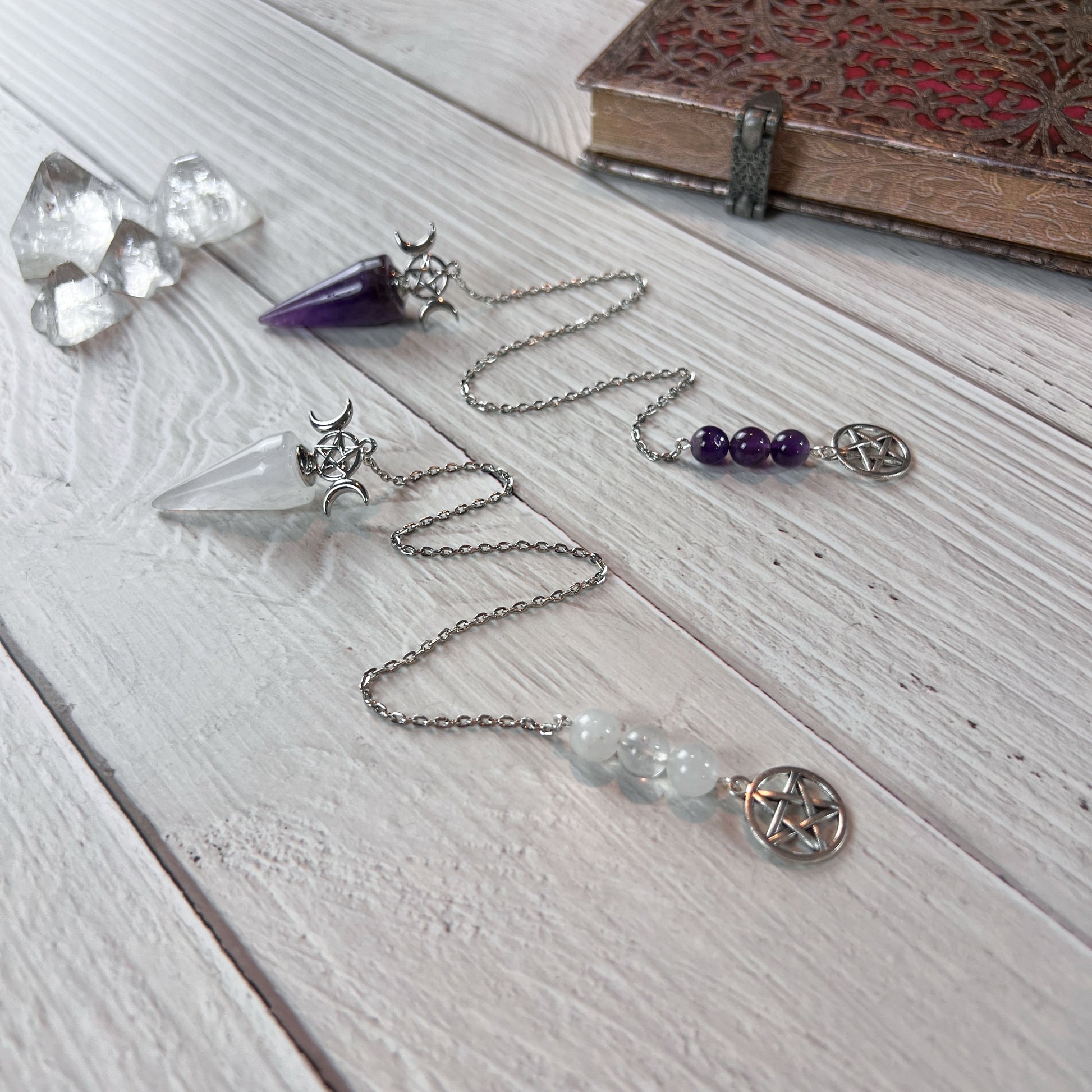 Triple Moon and Pentacle dowsing pendulum clear quartz or amethyst Baguette Magick