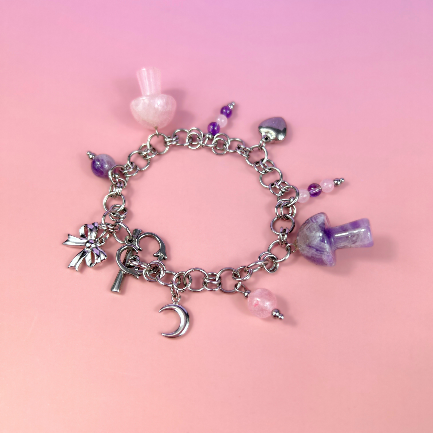 Love and mushrooms bracelet, Amethyst and Rose Quartz