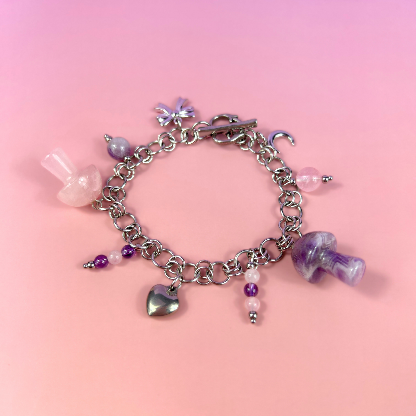 Love and mushrooms bracelet, Amethyst and Rose Quartz
