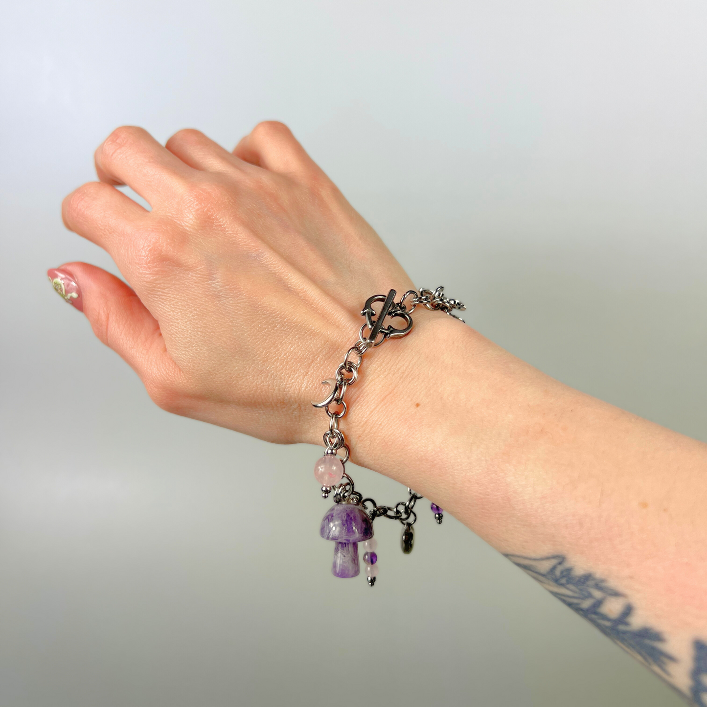 Love and mushrooms bracelet, Amethyst and Rose Quartz