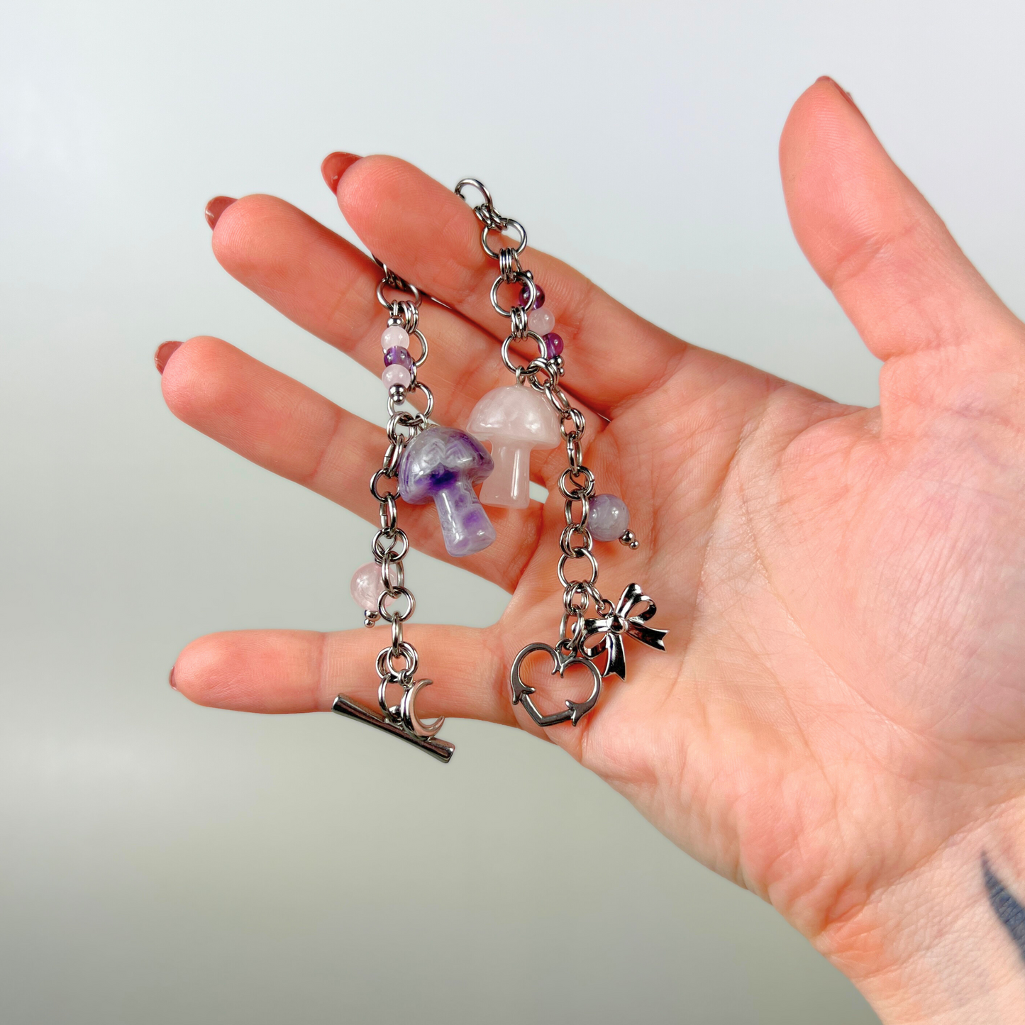 Love and mushrooms bracelet, Amethyst and Rose Quartz