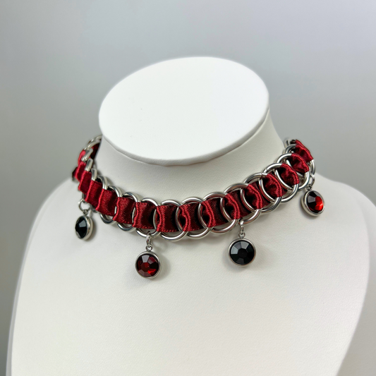 Gothic burgundy ribbon choker, chainmail & black and red rhinestones