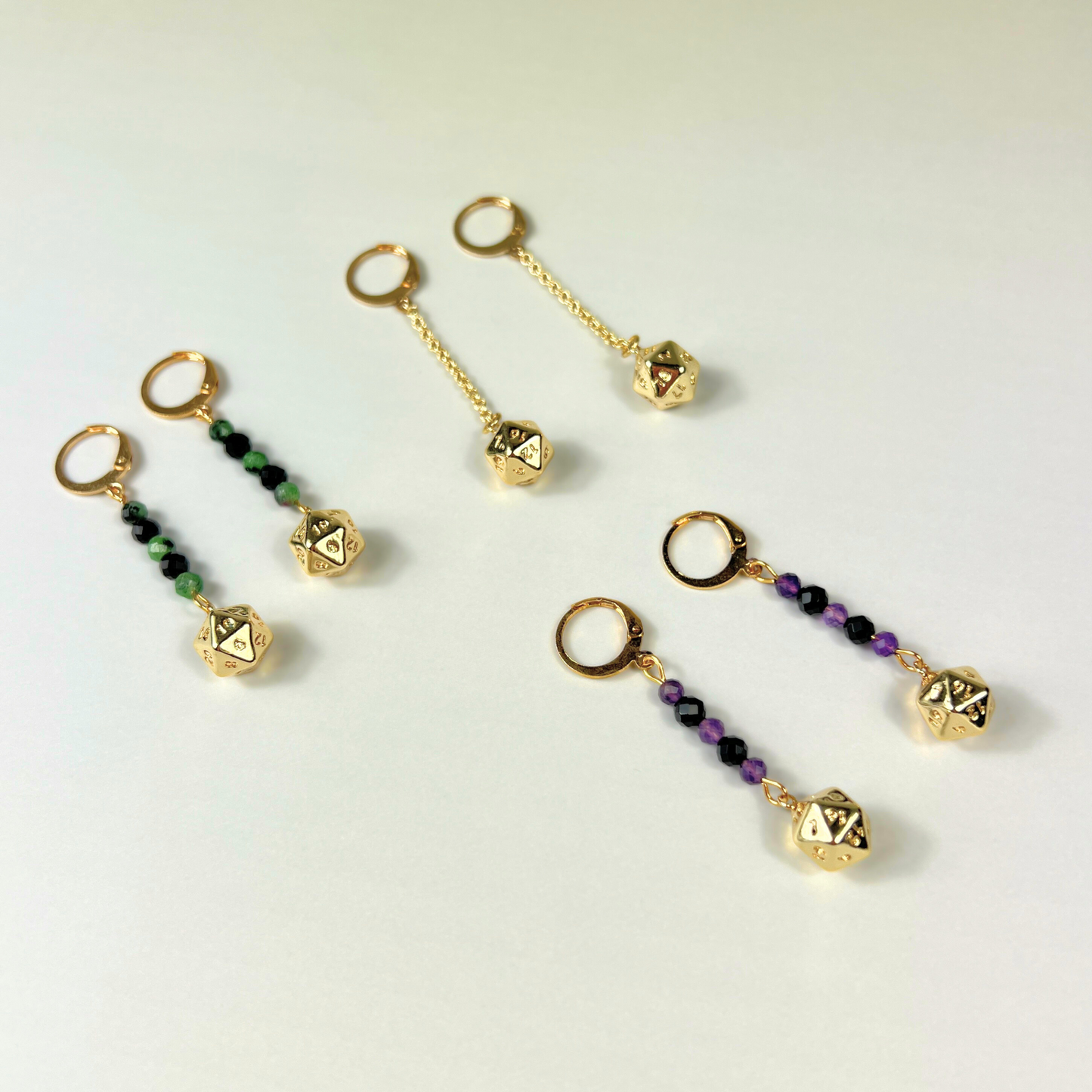 D20 gold dice roleplay earrings, gemstones