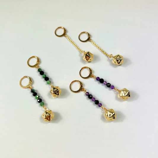 D20 gold dice roleplay earrings, gemstones