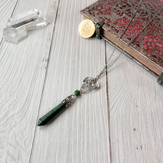Ruby Zoisite Anyolite gemstone pendulum necklace with dragon medieval fantasy gothic jewelry for pagan witch baguette magick