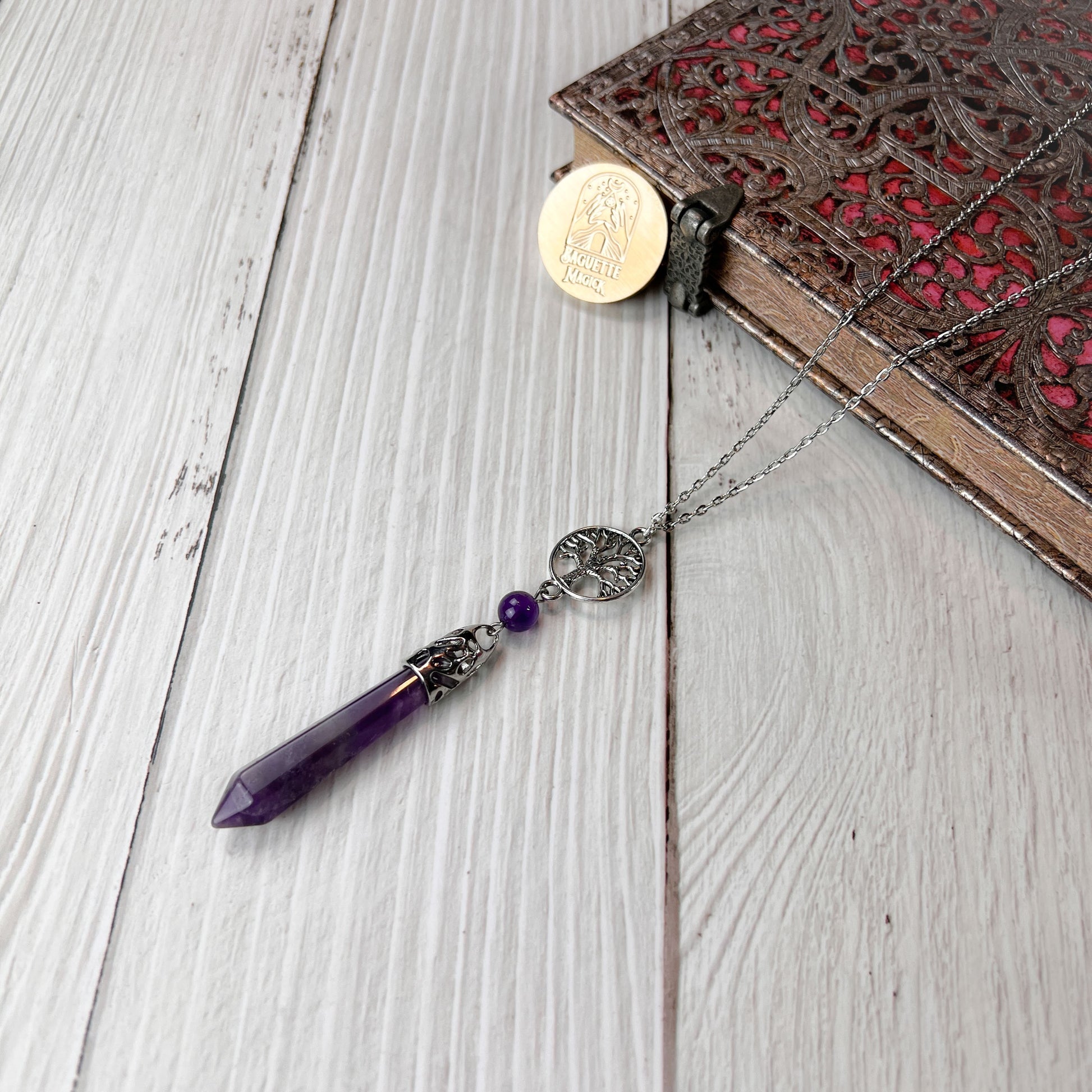 amethyst and tree of life pendulum necklace spiritual pagan yggdrasil jewelry for gothic witch baguette magick