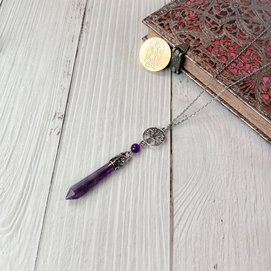 amethyst and tree of life pendulum necklace spiritual pagan yggdrasil jewelry for gothic witch baguette magick