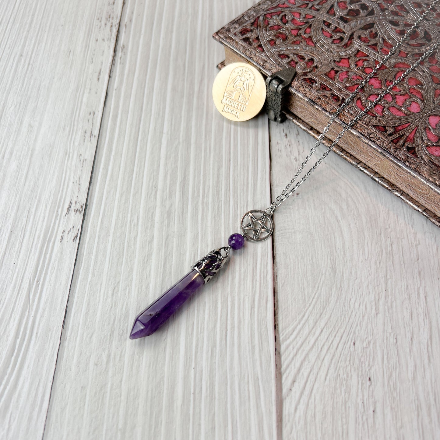 pentacle necklace amethyst pentacle for dowsing divination celtic pagan wiccan witchcraft jewelry baguette magick