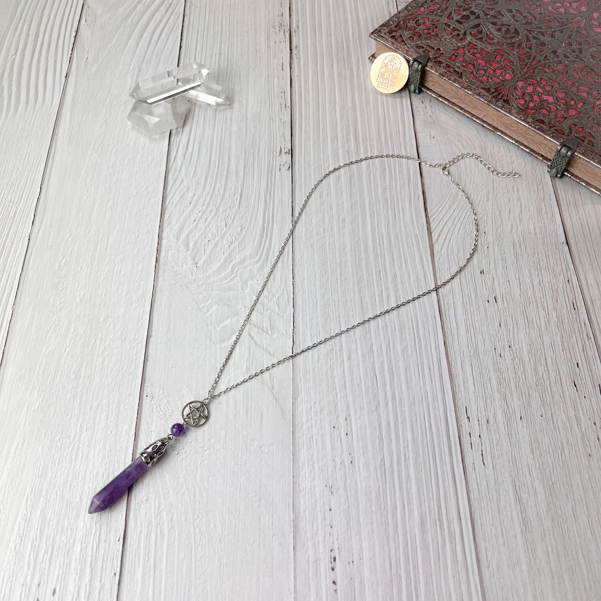 pentacle necklace amethyst pentacle for dowsing divination celtic pagan wiccan witchcraft jewelry baguette magick
