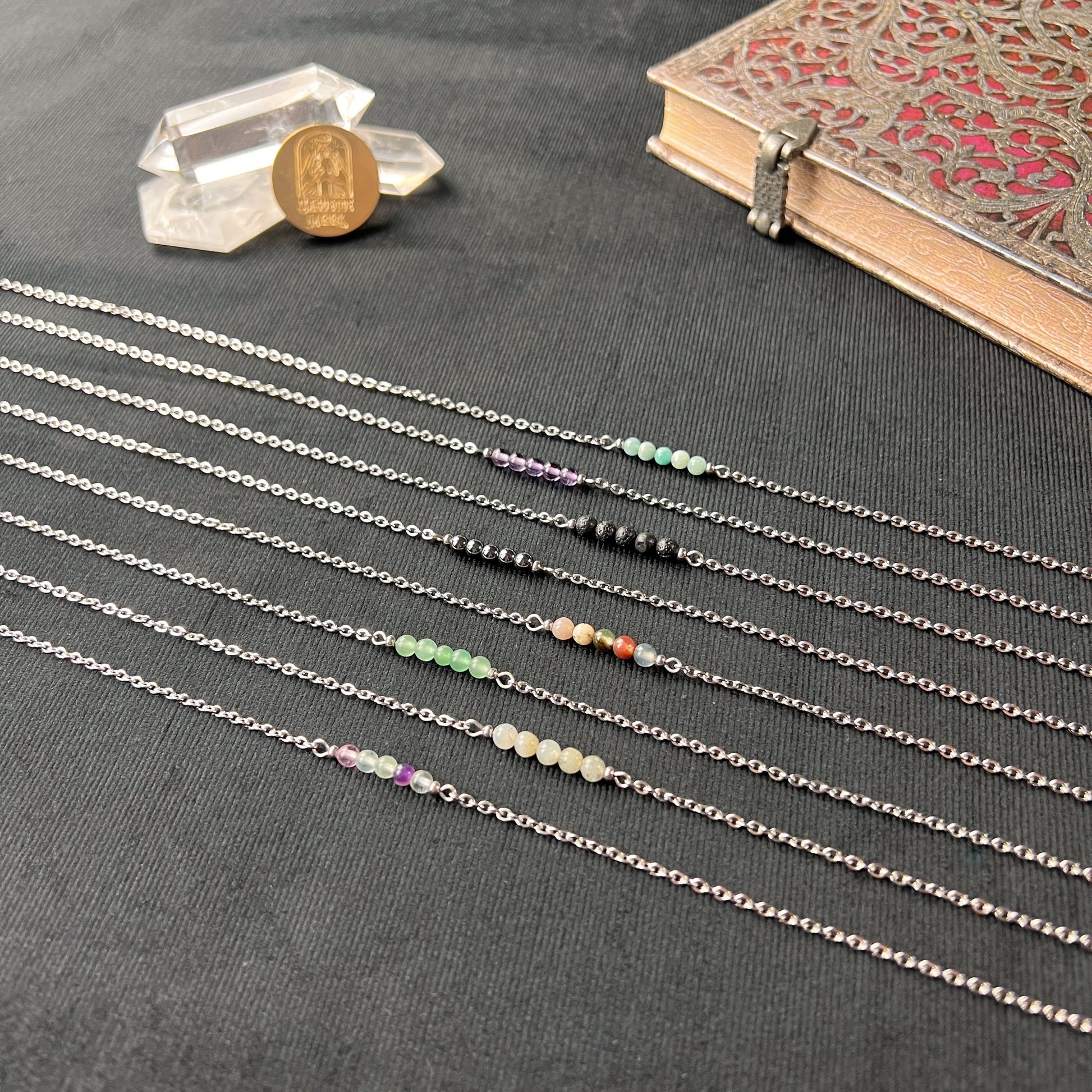 Round beads gemstone necklace, hypoallergenic waterproof stainless steel Baguette Magick