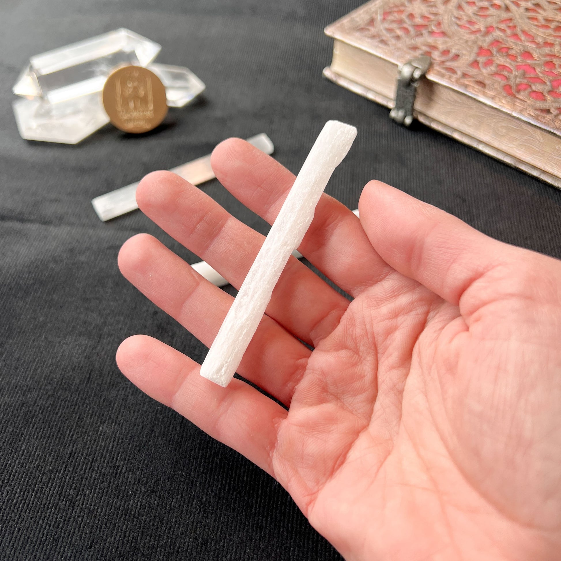 selenite crystal stick for gemstone purification healing witchcraft pagan altar baguette magick