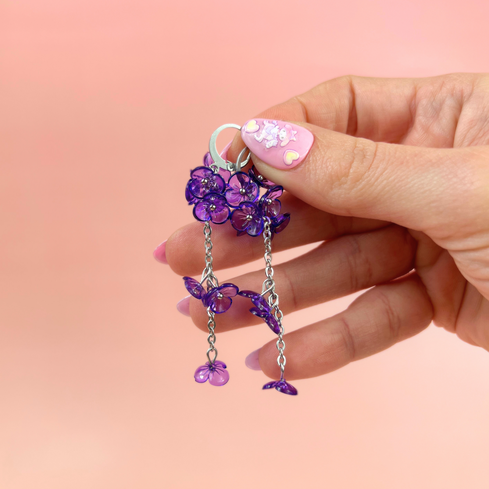 Purple orchid flowers dangle and drop earrings, made with silver tone stainless steel, light floral and dainty flower jewelry for her