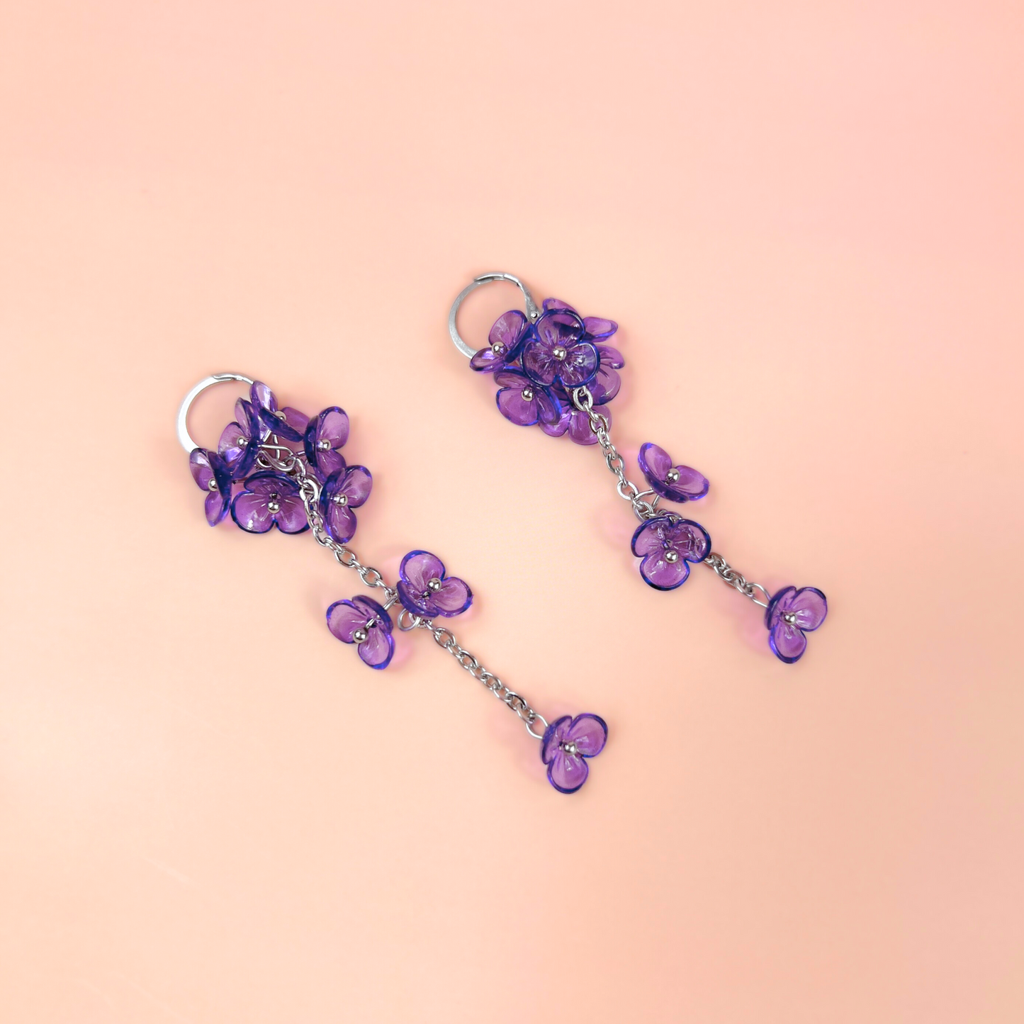 Purple orchid flowers dangle and drop earrings, made with silver tone stainless steel, light floral and dainty flower jewelry for her