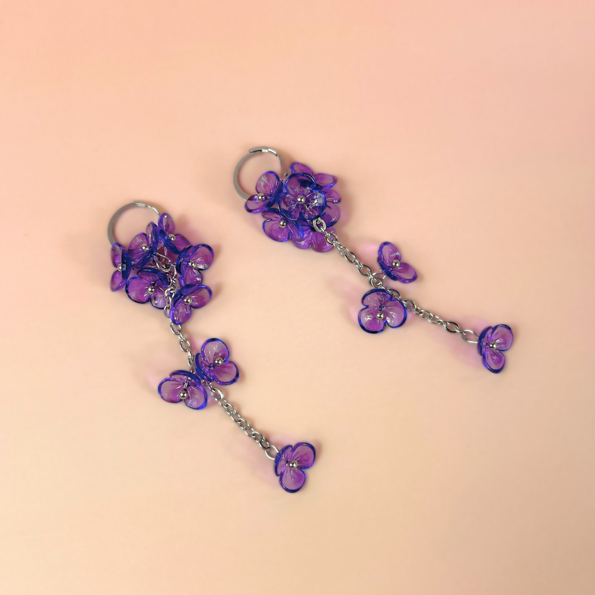 Purple orchid flowers dangle and drop earrings, made with silver tone stainless steel, light floral and dainty flower jewelry for her