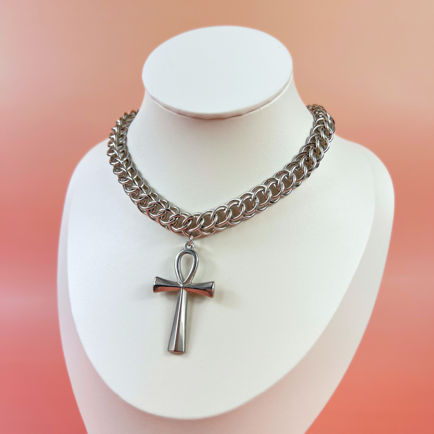 Half Persian chainmail choker with an Ankh pendant, Egyptian cross, necklace Baguette Magick