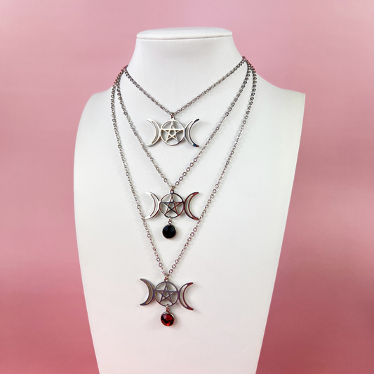 Triple moon and pentacle necklace wiccan jewelry Baguette Magick