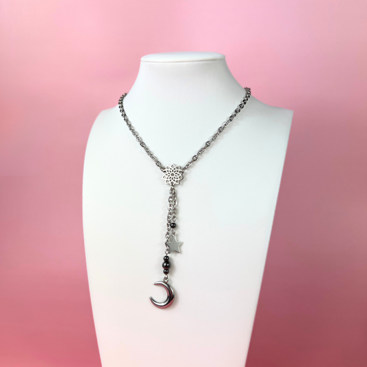 Celestial crescent Moon Y necklace, hematite Baguette Magick