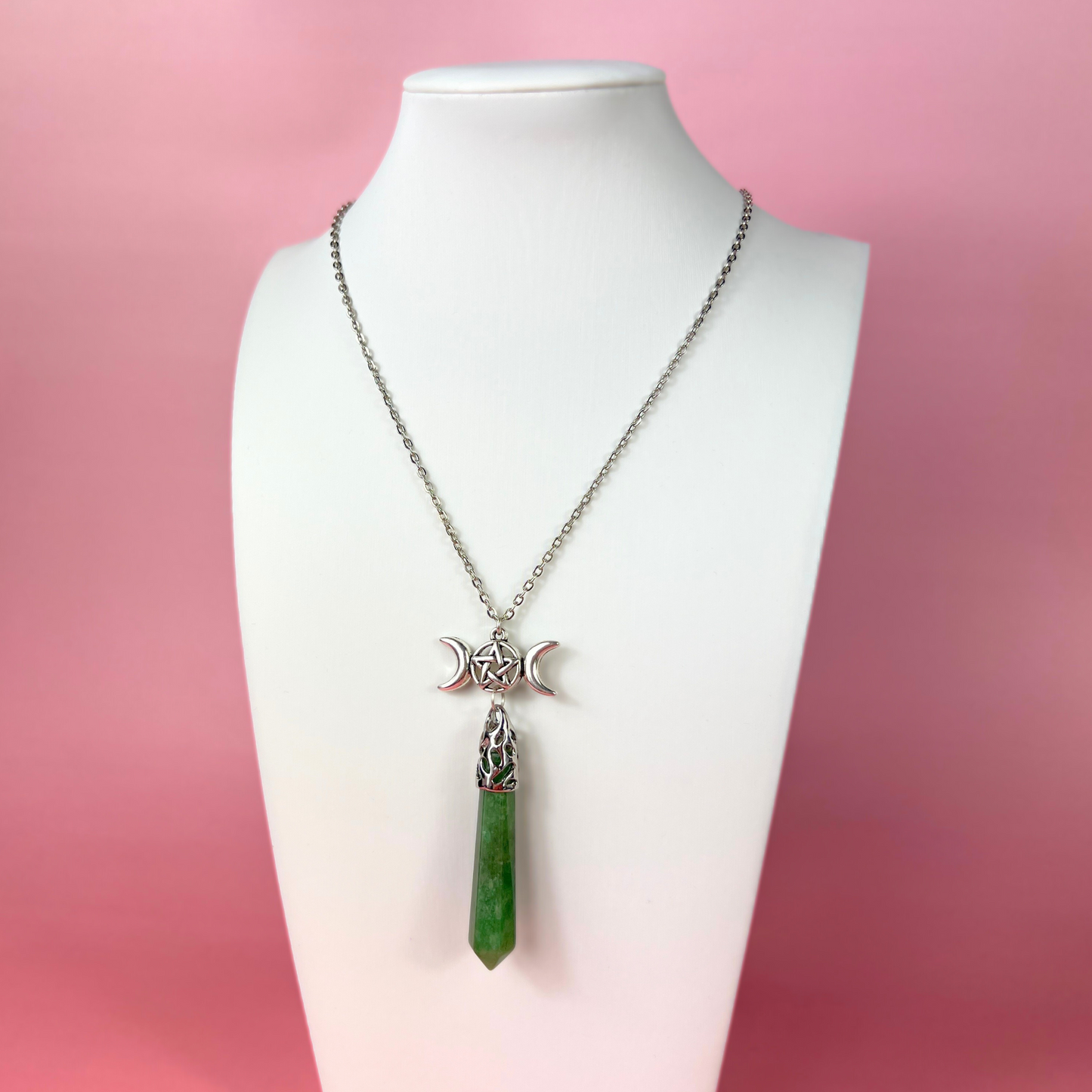 Aventurine and pentacle triple Moon pagan pendulum necklace Baguette Magick