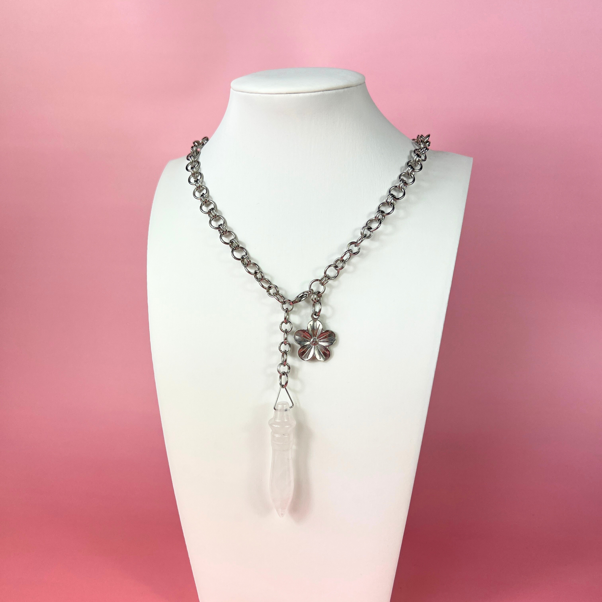 Quartz and flower Thot pendulum necklace, adjustable chain Baguette Magick