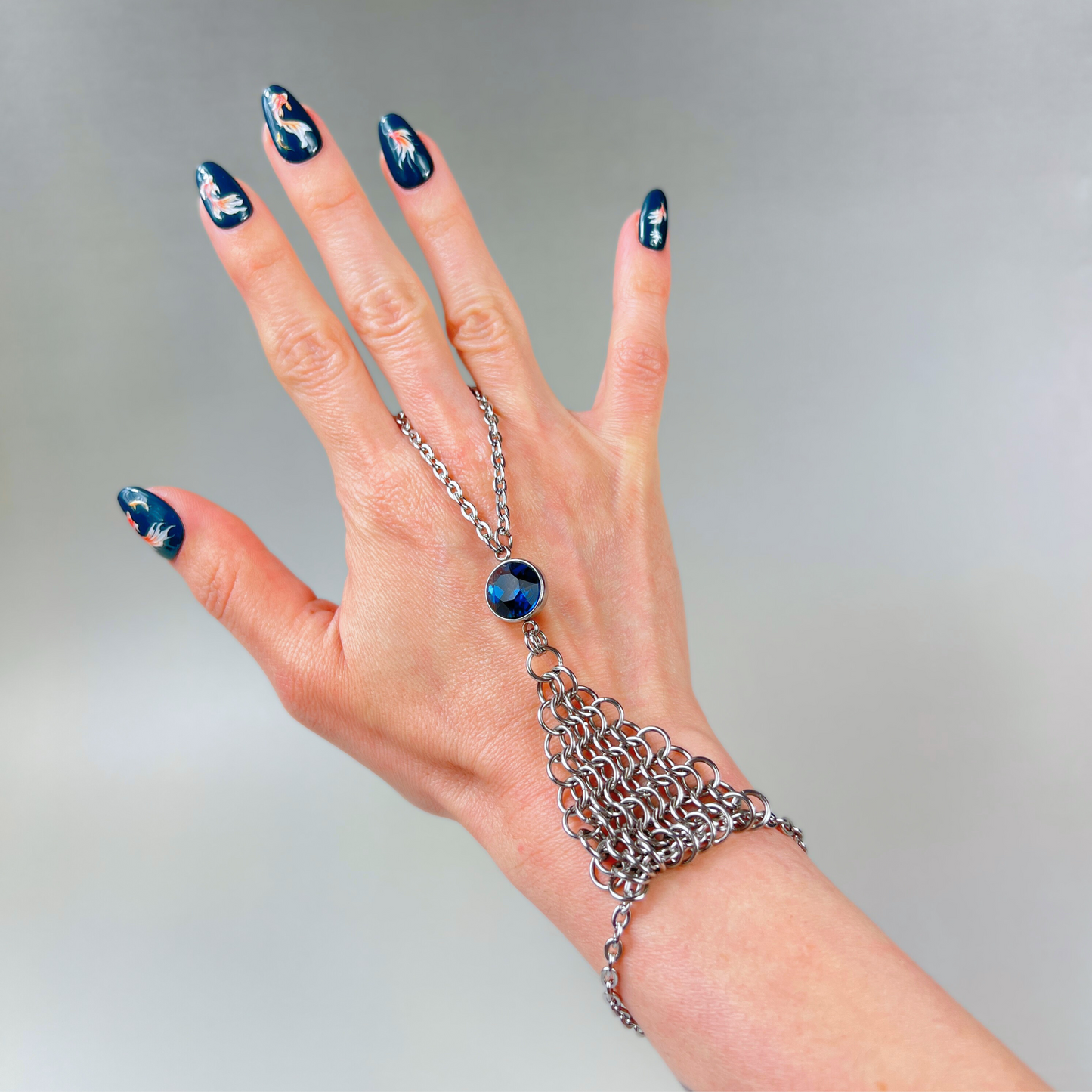 Chainmail and rhinestone ring bracelet hand chain, red, blue or purple Baguette Magick